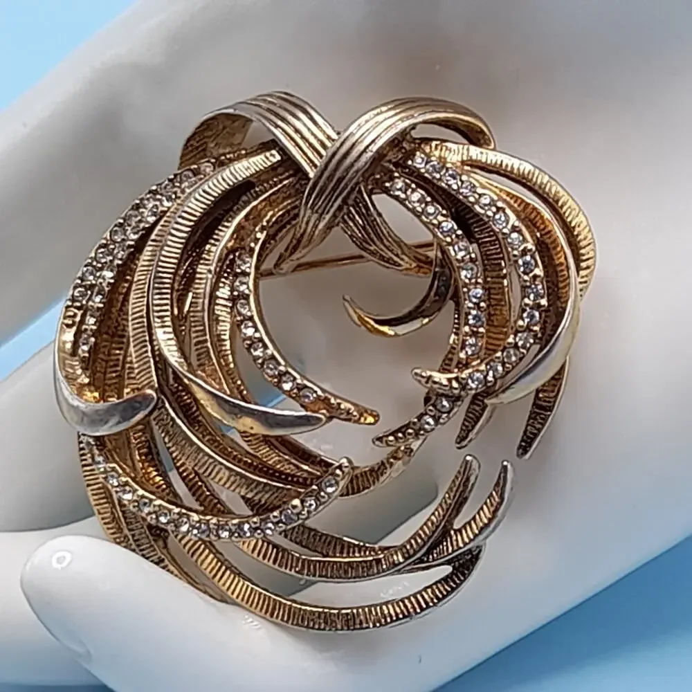 Vintage Monet Swirl Modern Design Brooch, Rhinestone Accents, 1 3/4 Inches
